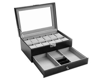 AUTOARK Leather 12 Watch Box with Jewelry Display Drawer