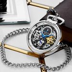Stuhrling Original Men's Pocket Watch - Dual Time, Sun Moon Subdial, and Stainless Steel Chain