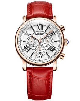 Red Leather Waterproof Chrongraph Wristwatch 24-Hour MEGIR