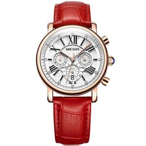 Red Leather Waterproof Chrongraph Wristwatch 24-Hour MEGIR