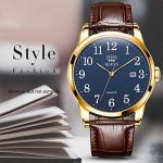 Men Watch Brown Leather Casual Classic Large Blue Face
