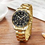 Mens Watches Chronograph Black Gold Stainless Steel Waterproof
