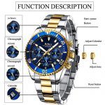 Mens Watches Chronograph Gold Blue Stainless Steel Waterproof