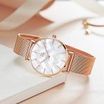 Thin Minimalist Shell Dial Women Watch with Genuine Leather