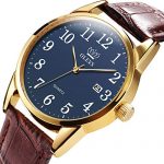 Men Watch Brown Leather Casual Classic Large Blue Face