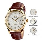 Waterproof Wrist Watch with Golden Dial Brown Leather Band