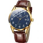 Men Watch Brown Leather Casual Classic Large Blue Face