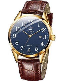 Men Watch Brown Leather Casual Classic Large Blue Face