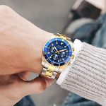 Mens Watches Chronograph Gold Blue Stainless Steel Waterproof