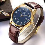 Men Watch Brown Leather Casual Classic Large Blue Face
