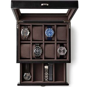Black Leather Watch Box Organizer with Drawer Valet