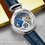 Stuhrling Orignal Mens Skeleton Watch Blue Leather Luxury Dress Watch