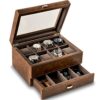 Slot Watch Box with Drawer Brown Leather