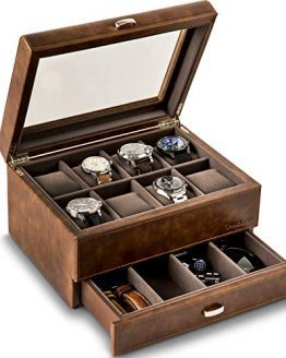 Slot Watch Box with Drawer Brown Leather
