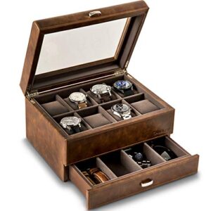 Slot Watch Box with Drawer Brown Leather