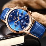 Mens Watches LIGE Leather Blue Watch Analog Quartz