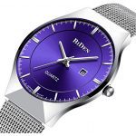 Men Watch Ultra Thin Watches Stainless Steel Mesh Band Quartz Wristwatch Fashion Date Waterproof Watches (Purple)