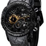 Chronograph Black Big Face Waterproof Date Analog Quartz Watch 3D Dragon