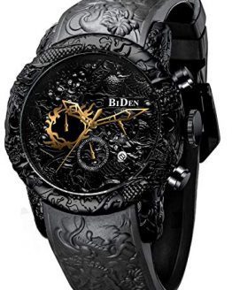 Chronograph Black Big Face Waterproof Date Analog Quartz Watch 3D Dragon