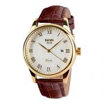 Waterproof Wrist Watch with Golden Dial Brown Leather Band