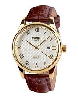Waterproof Wrist Watch with Golden Dial Brown Leather Band