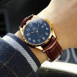 Men Watch Brown Leather Casual Classic Large Blue Face