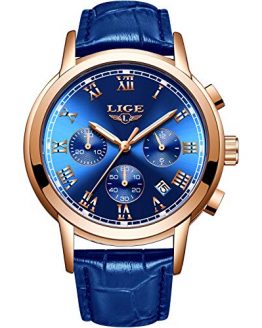 Mens Watches LIGE Leather Blue Watch Analog Quartz