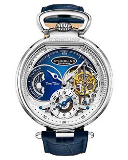 Stuhrling Orignal Mens Skeleton Watch Blue Leather Luxury Dress Watch