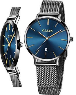 Water Resistant Blue Dial Steel Mesh Band Wrist Watch