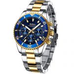 Mens Watches Chronograph Gold Blue Stainless Steel Waterproof
