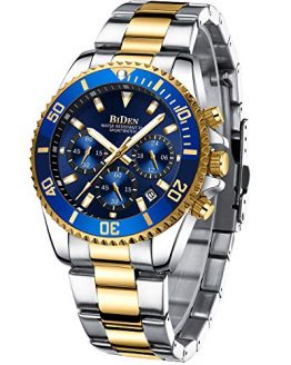 Mens Watches Chronograph Gold Blue Stainless Steel Waterproof