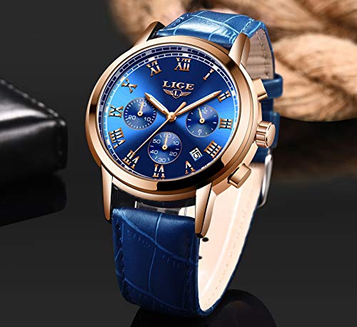 51k0Q6HSQhL Mens Watches LIGE Leather Blue Watch Analog Quartz