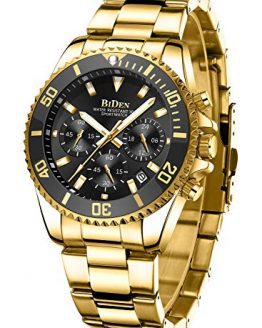 Mens Watches Chronograph Black Gold Stainless Steel Waterproof