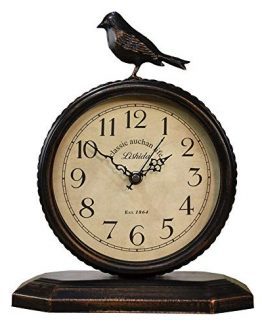 Vintage Cottage Metal Table Clock with Bird