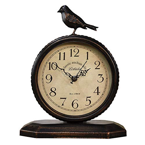 Vintage Cottage Metal Table Clock with Bird