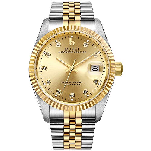 BUREI Mens Luxury Automatic Watch Dress Gold Self-Winding