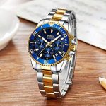 Mens Watches Chronograph Gold Blue Stainless Steel Waterproof