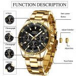 Mens Watches Chronograph Black Gold Stainless Steel Waterproof