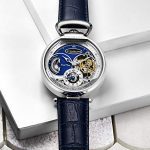 Stuhrling Orignal Mens Skeleton Watch Blue Leather Luxury Dress Watch
