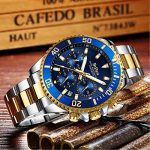 Mens Watches Chronograph Gold Blue Stainless Steel Waterproof