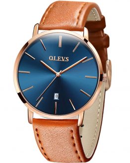 Fashion Luxury Casual Quartz Watches,Watch Blue Brown,Simple Stainless Steel and Leather Watch Man,Thin Wrist Watch for Men, Classic Dress Watches for Men,OLEVS Waterproof Thin Face Wristwatch