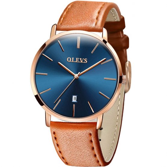 Fashion Luxury Casual Quartz Watches,Watch Blue Brown,Simple Stainless Steel and Leather Watch Man,Thin Wrist Watch for Men, Classic Dress Watches for Men,OLEVS Waterproof Thin Face Wristwatch