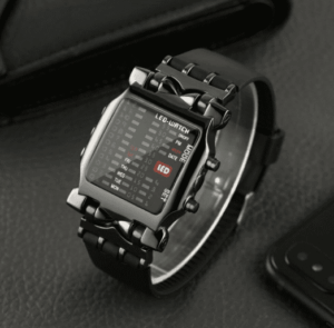 Black waterproof LED watch with a sleek rubber strap, colorful LED display, and multiple features for an active lifestyle. 