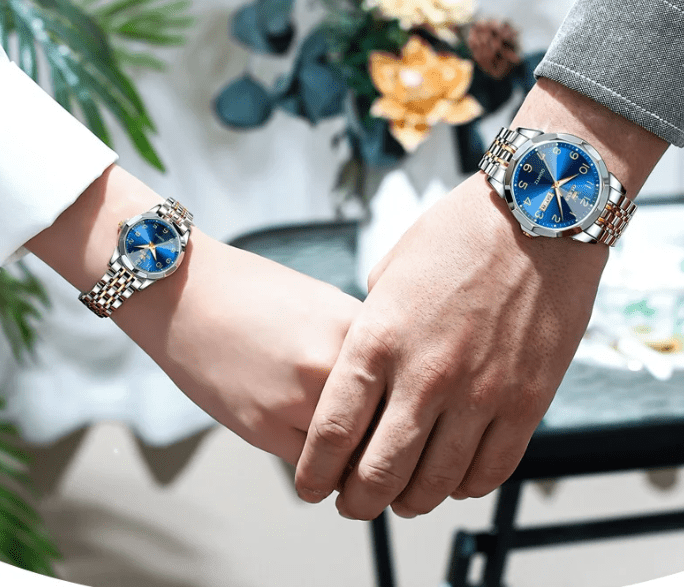 OLEVS 9970 Luxury Quartz Couple Watch Set – Elegant Stainless Steel with Rhombus Mirror Dial, Luminous Feature, and 30m Water Resistance