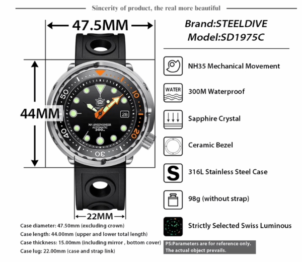 300M Waterproof Dive Wristwatch with Super Luminous Displa 300M Waterproof Dive Wristwatch with Super Luminous Display – STEELDIVE SD1975C