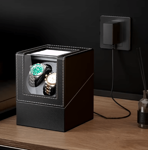 Double Watch Winder for Automatic Watches with Quiet Motor and Black PU Leather Case, 2 Slots for Men’s Watches, USB Powered.