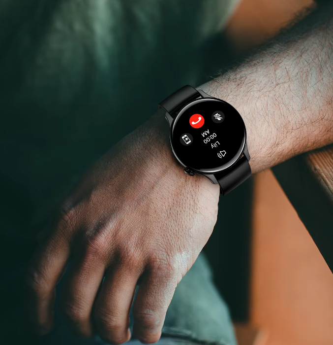 AMOLED display smartwatch with NFC, IP68 waterproof rating, and Bluetooth call functionality for women and men.