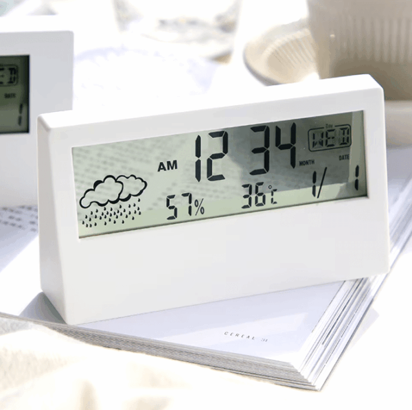 LCD Electric Desk Alarm Clock with Temperature, Humidity Display2 LCD Electric Desk Alarm Clock with Temperature, Humidity Display & Calendar – Modern Home or Office Watch Battery Operated for Comfort & Health