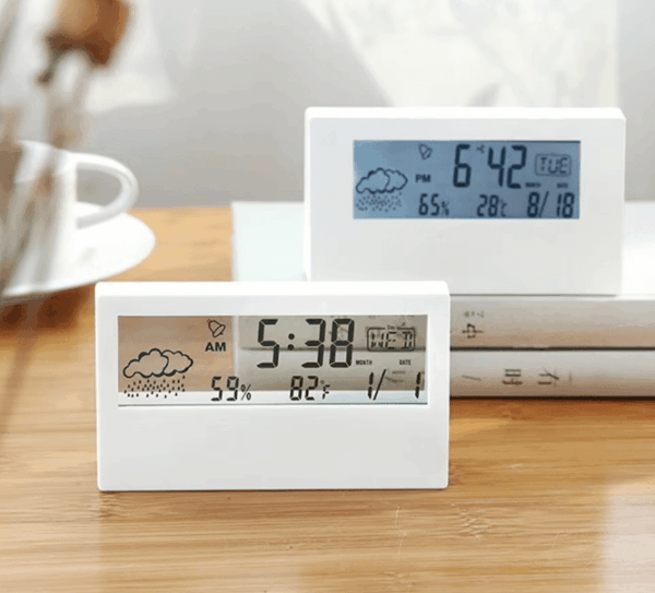 LCD Electric Desk Alarm Clock with Temperature, Humidity Display & Calendar – Modern Home or Office Watch Battery Operated for Comfort & Health LCD Electric Desk Alarm Clock with Temperature, Humidity Display & Calendar – Modern Home or Office Watch Battery Operated for Comfort & Health