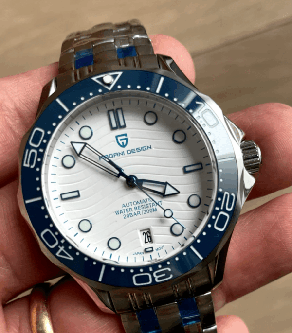 PAGANI Design Men's 200M Waterproof Diver Watch with Ceramic Bezel & Automatic NH35 Movement PAGANI Design men’s 200m water-resistant diver watch with ceramic bezel, sapphire crystal, and NH35 automatic movement.